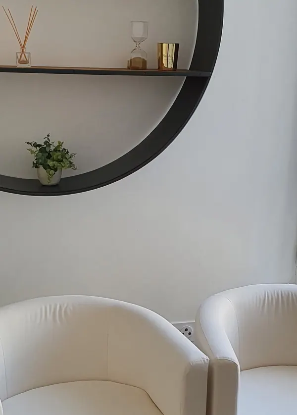 Coin du cabinet : fauteuils et étagère ronde décorée d'une plante